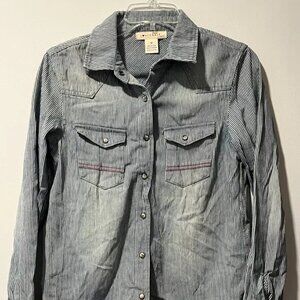 Women's Longsleeve Medium Collared Button Up Blue White Stripe Shirt Love Crazy